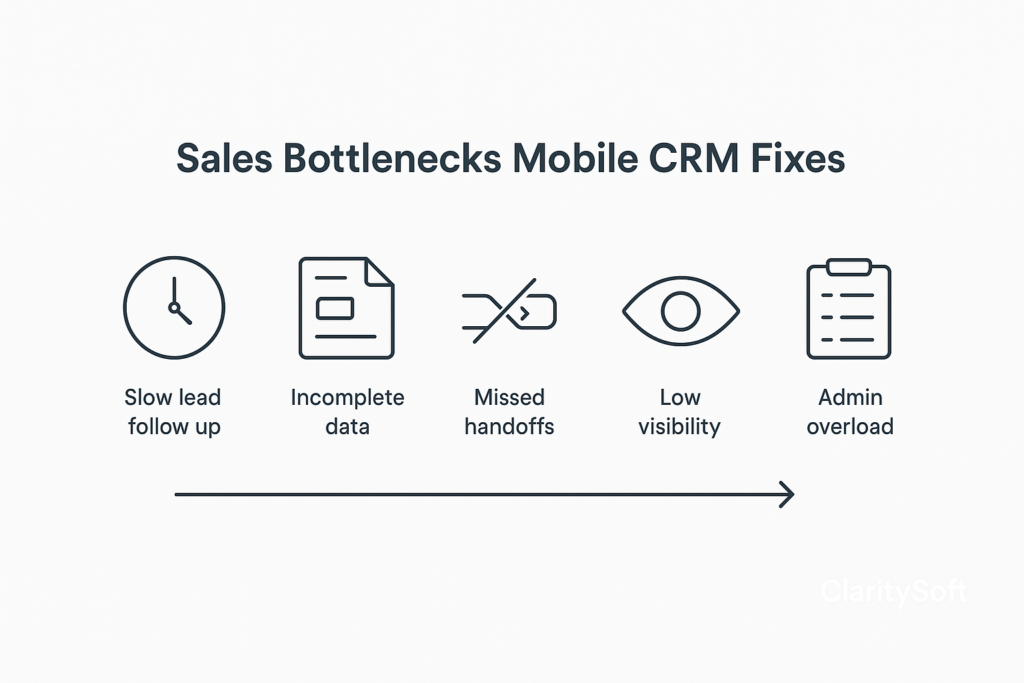 Infographic showing five sales bottlenecks mobile CRM solves, including slow follow-up, incomplete data, missed handoffs, low visibility and admin overload.