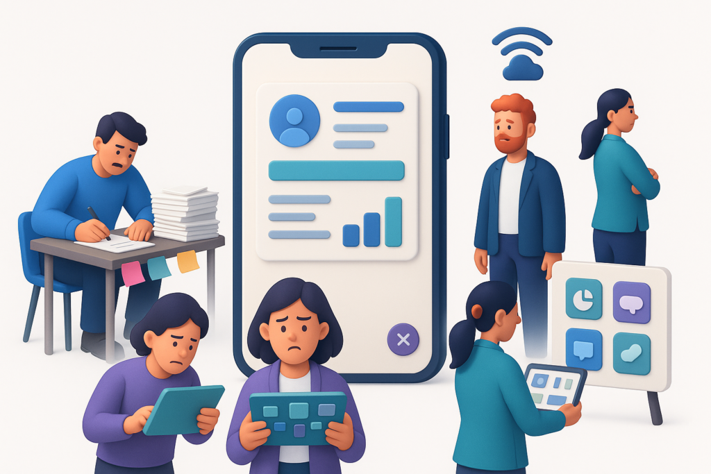 3D team struggling around a mobile CRM interface, illustrating common implementation and adoption mistakes that reduce ROI.