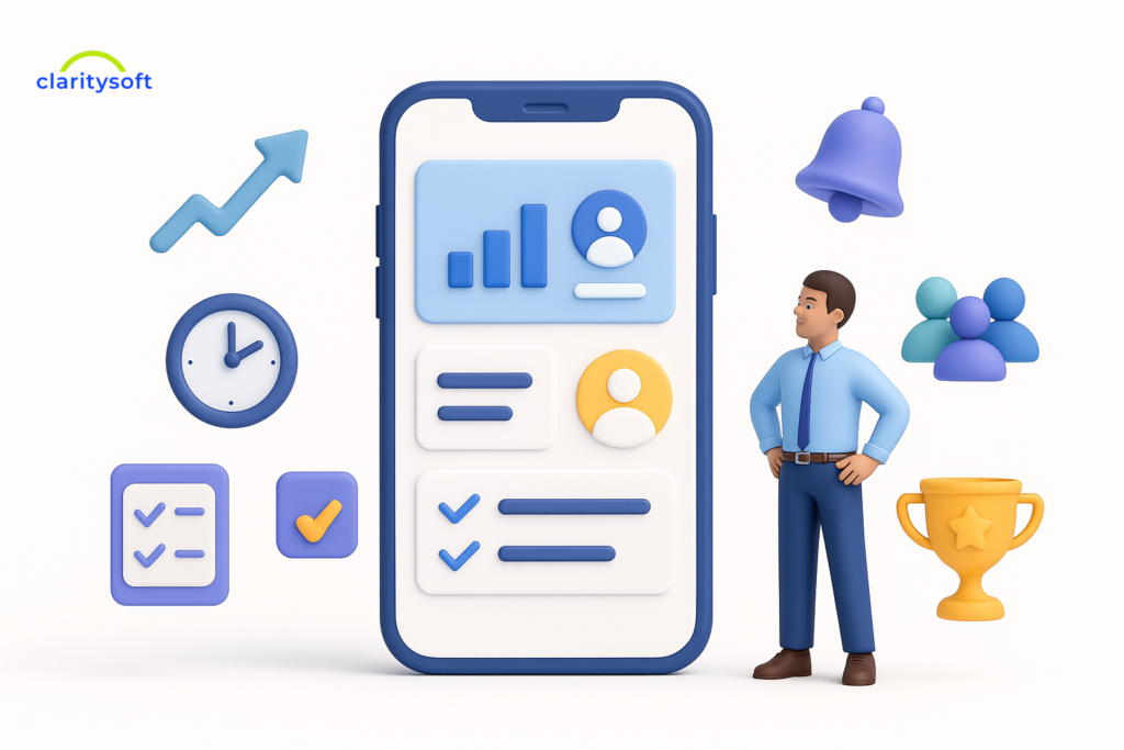 3D illustration of a smartphone representing mobile CRM with icons for growth, faster follow-up, organisation, team visibility, alerts and wins.