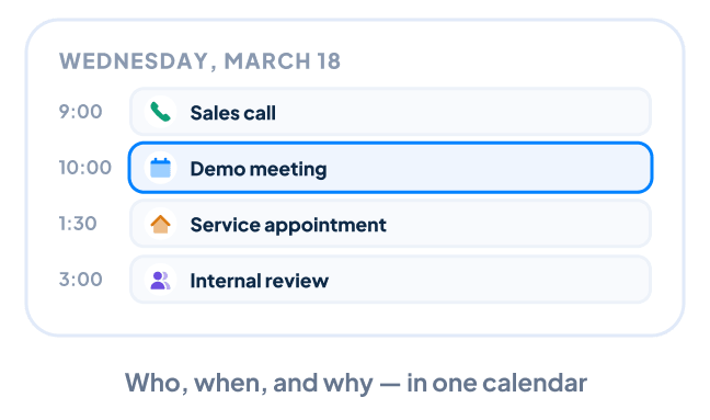 Day calendar with sales calls, demo meetings and service appointments