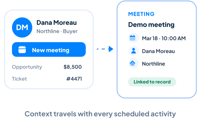 Meeting scheduled from a customer record with context carried over