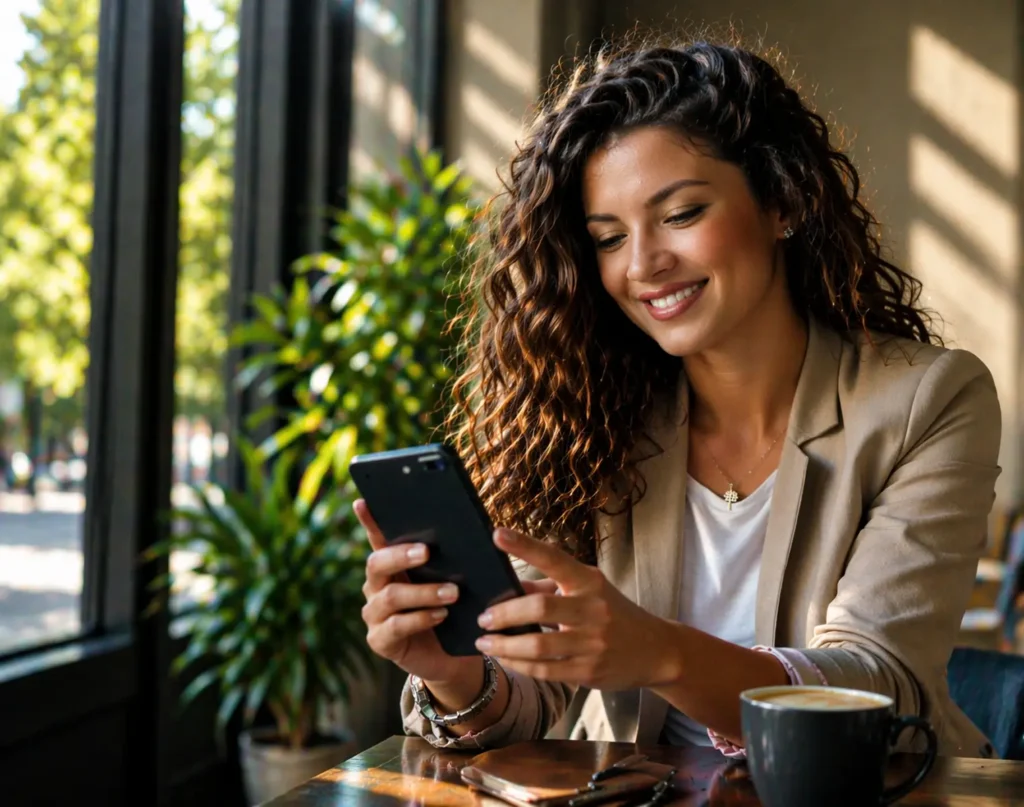 Happy customer using her phone in a cafe