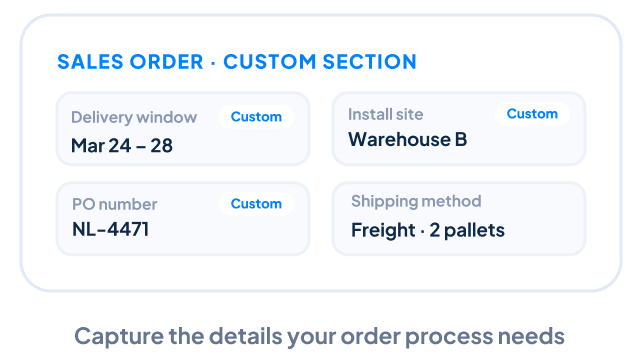 Sales order with custom fields for delivery, warehouse and shipping details