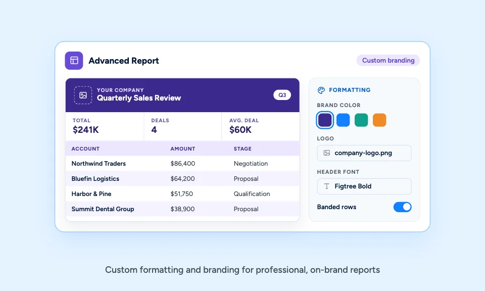 Advanced report in Claritysoft CRM with custom brand colors, logo and header formatting