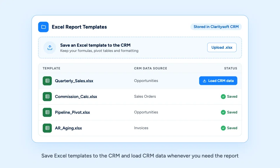 Excel report templates saved in Claritysoft CRM with a load CRM data action