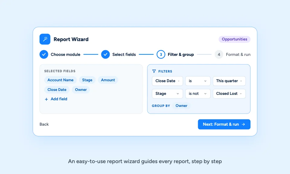 Claritysoft CRM report wizard steps for choosing a module, selecting fields, filtering and grouping