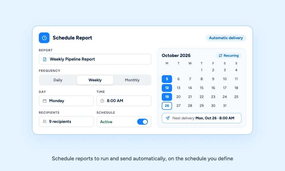Claritysoft CRM report schedule set to weekly on Monday at 8:00 AM with a delivery calendar