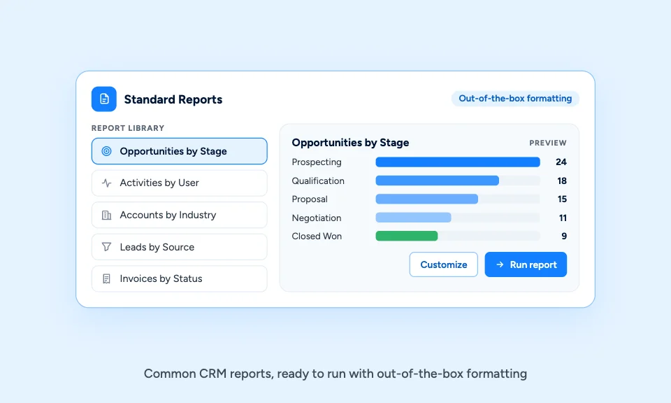 Standard reports in Claritysoft CRM with a report library and an opportunities by stage preview